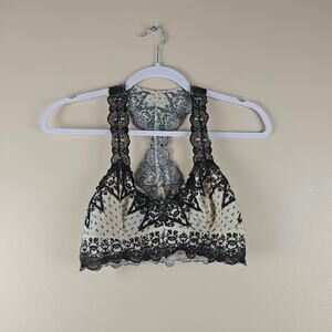 Free People Boho Flocked Mesh Black And Tan Bralette Racerback Style Size M